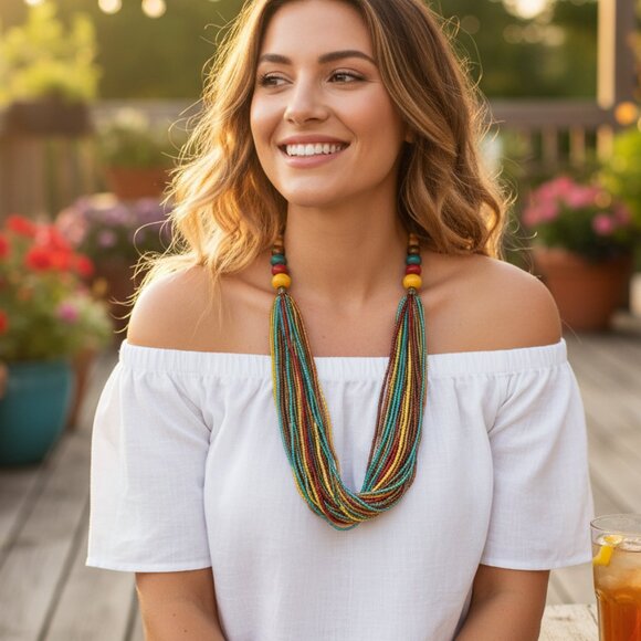 Vibrant Boho Multi-Strand Seed Bead Statement Necklace - Picture 1 of 3